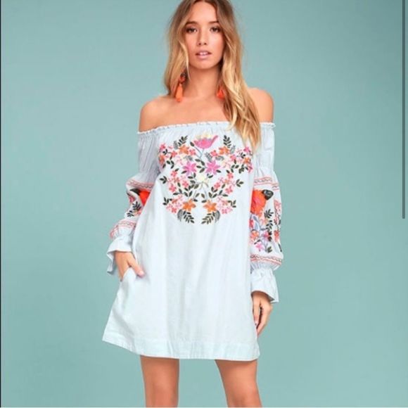 Free People Dresses & Skirts - Free People Fleur Du Jour Embroidered Colorful Boho Mini Dress Off Shoulder XS
